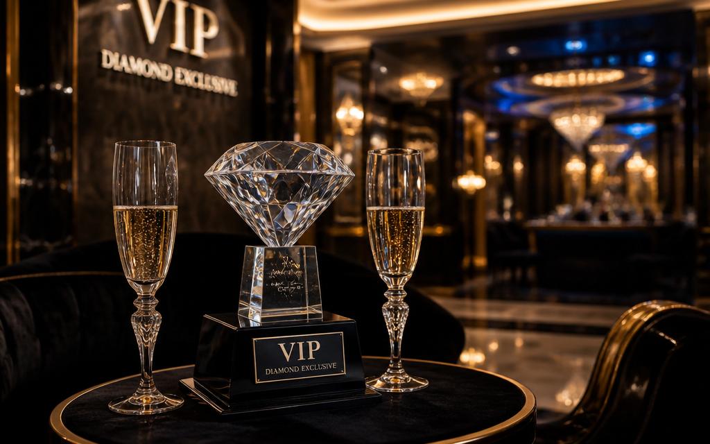 Diamond trophy and champagne in a luxury VIP lounge